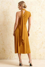 Ida Gold Asymmetric Neck Midi Dress with Scarf Detail