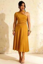 Ida Gold Asymmetric Neck Midi Dress with Scarf Detail