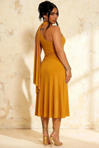 Ida Gold Asymmetric Neck Midi Dress with Scarf Detail