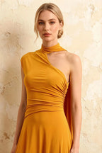 Ida Gold Asymmetric Neck Midi Dress with Scarf Detail