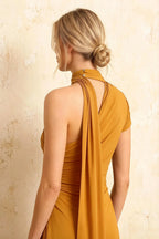 Ida Gold Asymmetric Neck Midi Dress with Scarf Detail