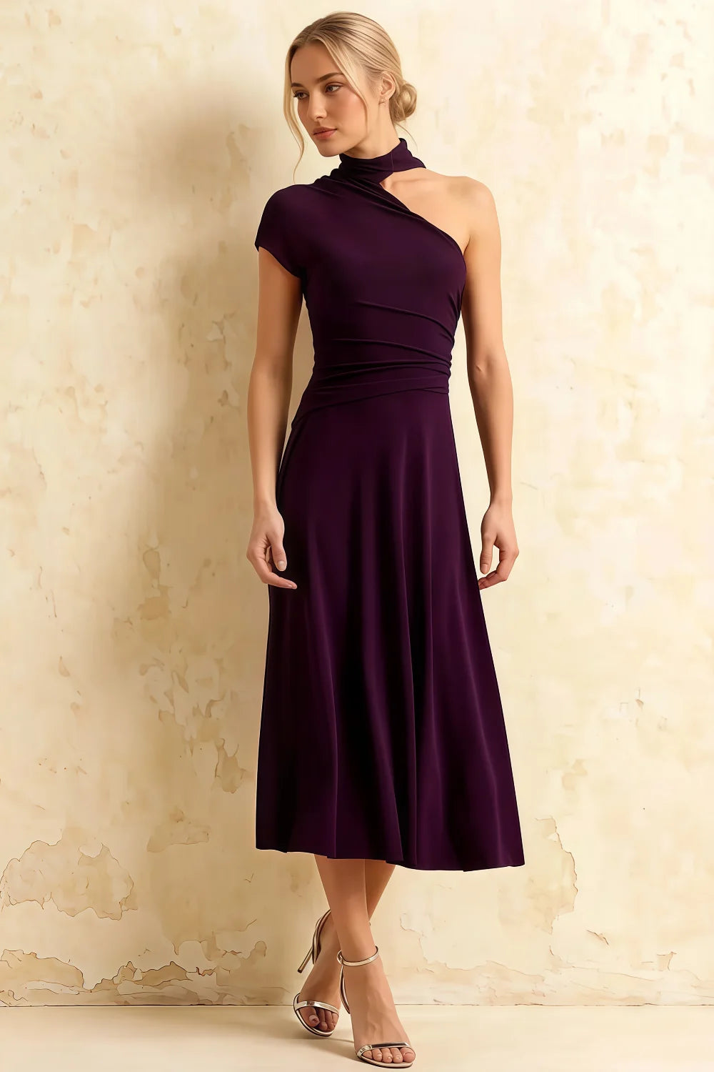 Ida Grape Asymmetric Neck Midi Dress with Scarf Detail