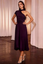 Ida Grape Asymmetric Neck Midi Dress with Scarf Detail