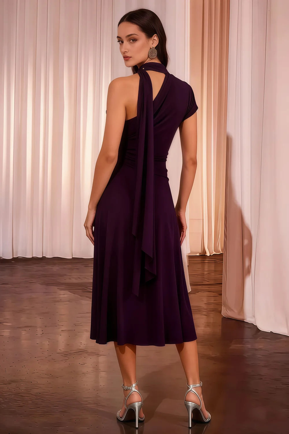 Ida Grape Asymmetric Neck Midi Dress with Scarf Detail