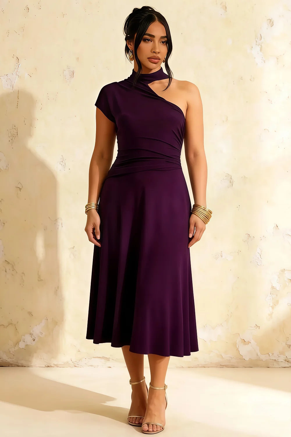 Ida Grape Asymmetric Neck Midi Dress with Scarf Detail