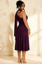 Ida Grape Asymmetric Neck Midi Dress with Scarf Detail