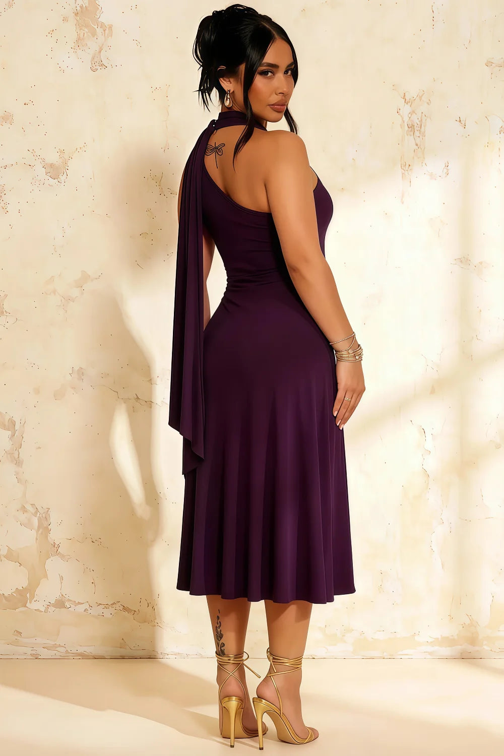 Ida Grape Asymmetric Neck Midi Dress with Scarf Detail