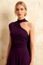 Ida Grape Asymmetric Neck Midi Dress with Scarf Detail