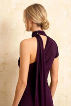 Ida Grape Asymmetric Neck Midi Dress with Scarf Detail