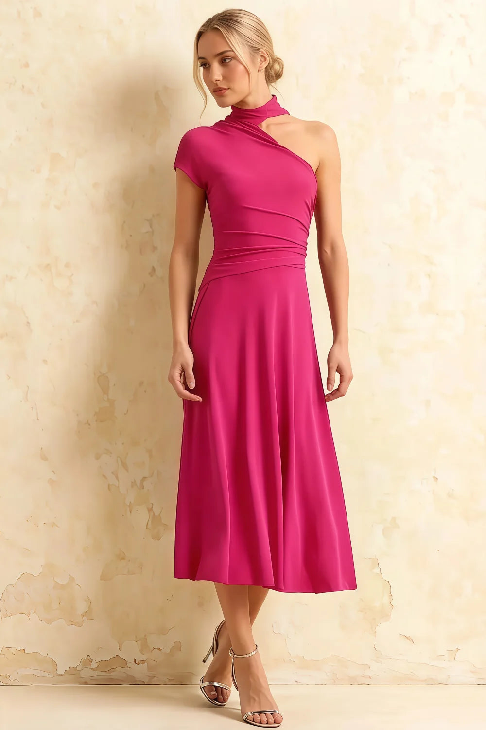Ida Hot Pink Asymmetric Neck Midi Dress with Scarf Detail