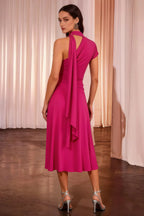 Ida Hot Pink Asymmetric Neck Midi Dress with Scarf Detail