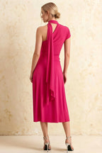 Ida Hot Pink Asymmetric Neck Midi Dress with Scarf Detail