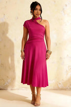 Ida Hot Pink Asymmetric Neck Midi Dress with Scarf Detail