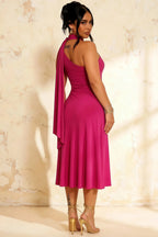 Ida Hot Pink Asymmetric Neck Midi Dress with Scarf Detail