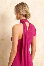 Ida Hot Pink Asymmetric Neck Midi Dress with Scarf Detail