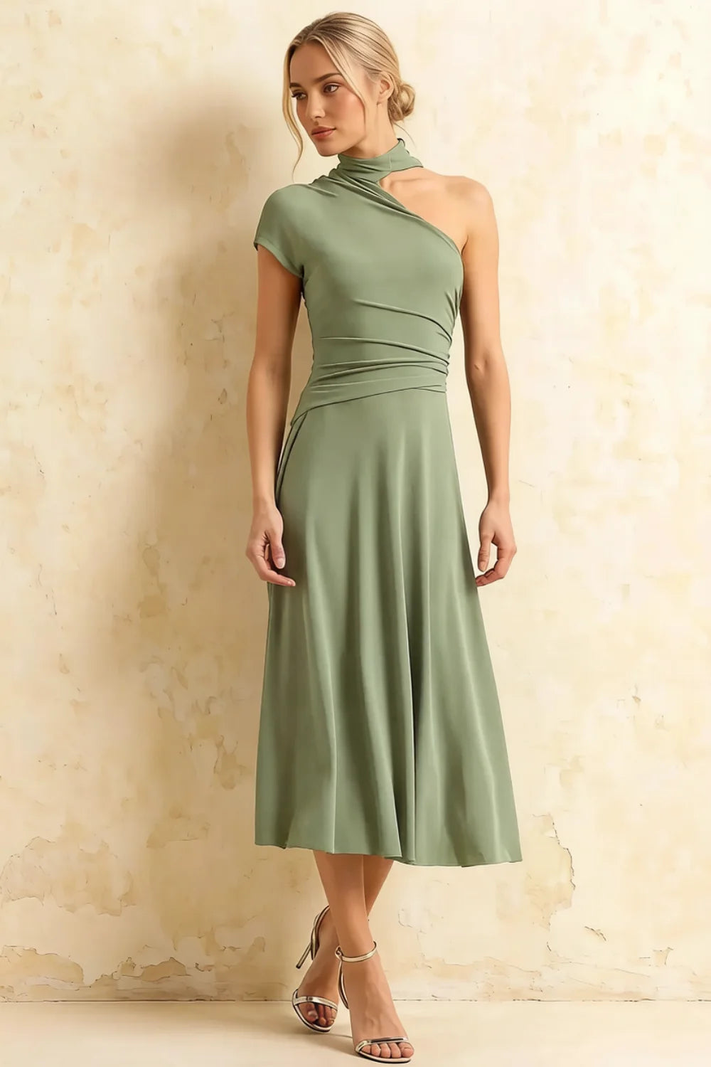 Ida Mint Asymmetric Neck Midi Dress with Scarf Detail Main image