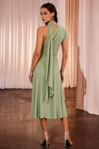 Ida Mint Asymmetric Neck Midi Dress with Scarf Detail