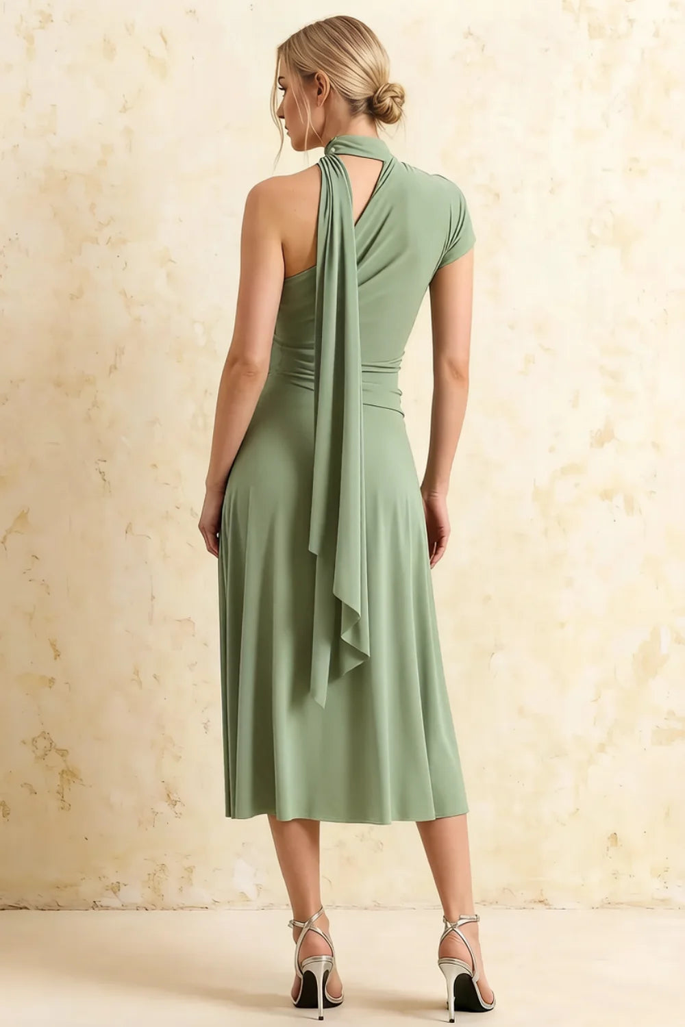Ida Mint Asymmetric Neck Midi Dress with Scarf Detail