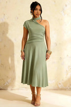 Ida Mint Asymmetric Neck Midi Dress with Scarf Detail