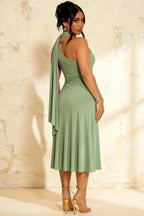 Ida Mint Asymmetric Neck Midi Dress with Scarf Detail