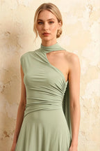 Ida Mint Asymmetric Neck Midi Dress with Scarf Detail