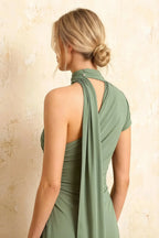 Ida Mint Asymmetric Neck Midi Dress with Scarf Detail