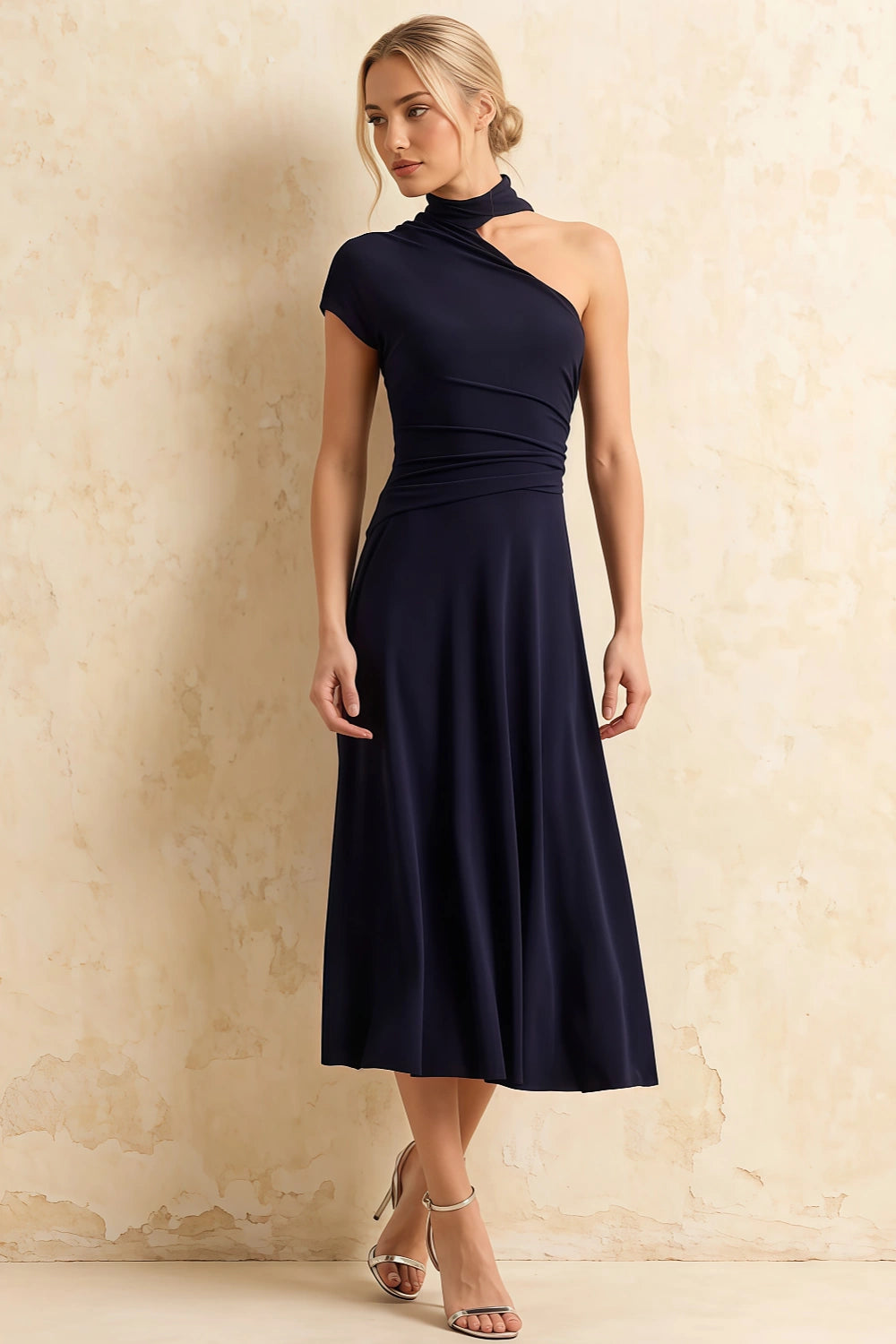 Ida Navy Blue Asymmetric Neck Midi Dress with Scarf Detail Main image