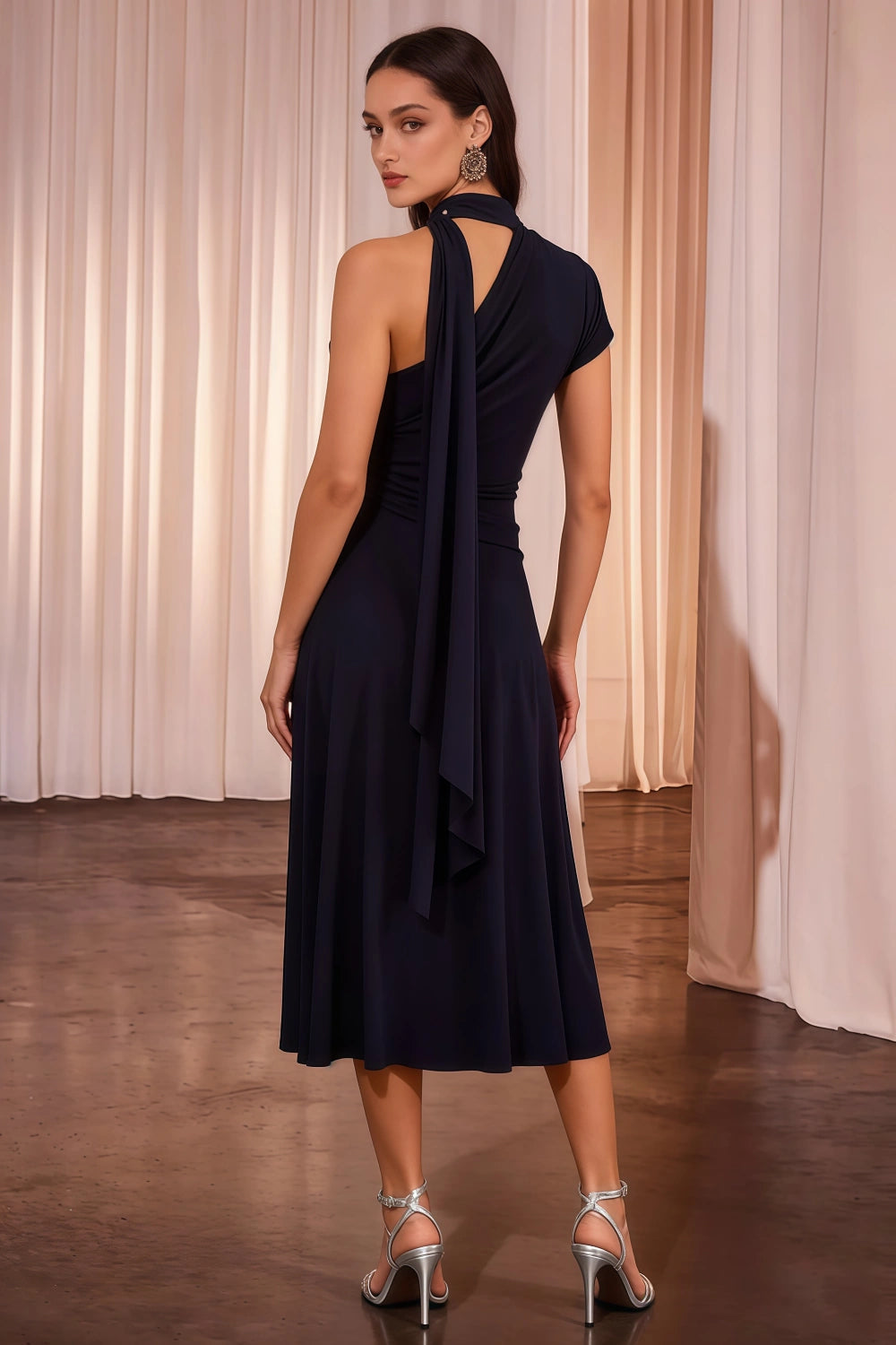Ida Navy Blue Asymmetric Neck Midi Dress with Scarf Detail