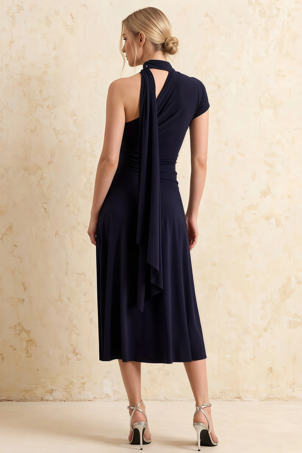 Ida Navy Blue Asymmetric Neck Midi Dress with Scarf Detail