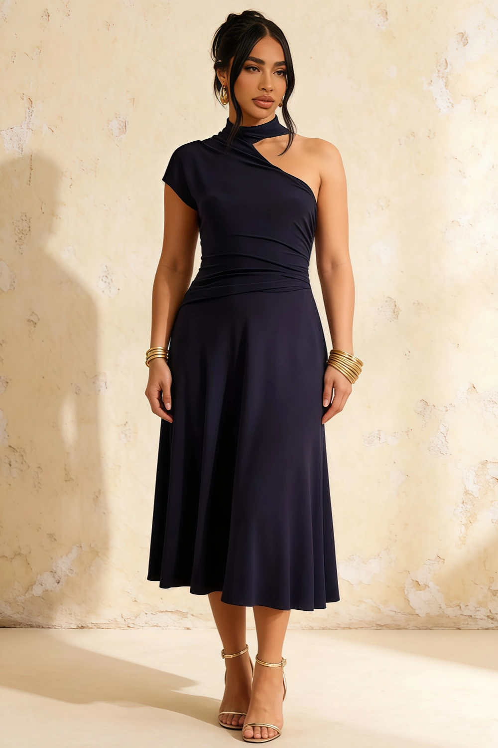 Ida Navy Blue Asymmetric Neck Midi Dress with Scarf Detail