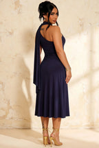 Ida Navy Blue Asymmetric Neck Midi Dress with Scarf Detail