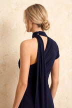Ida Navy Blue Asymmetric Neck Midi Dress with Scarf Detail