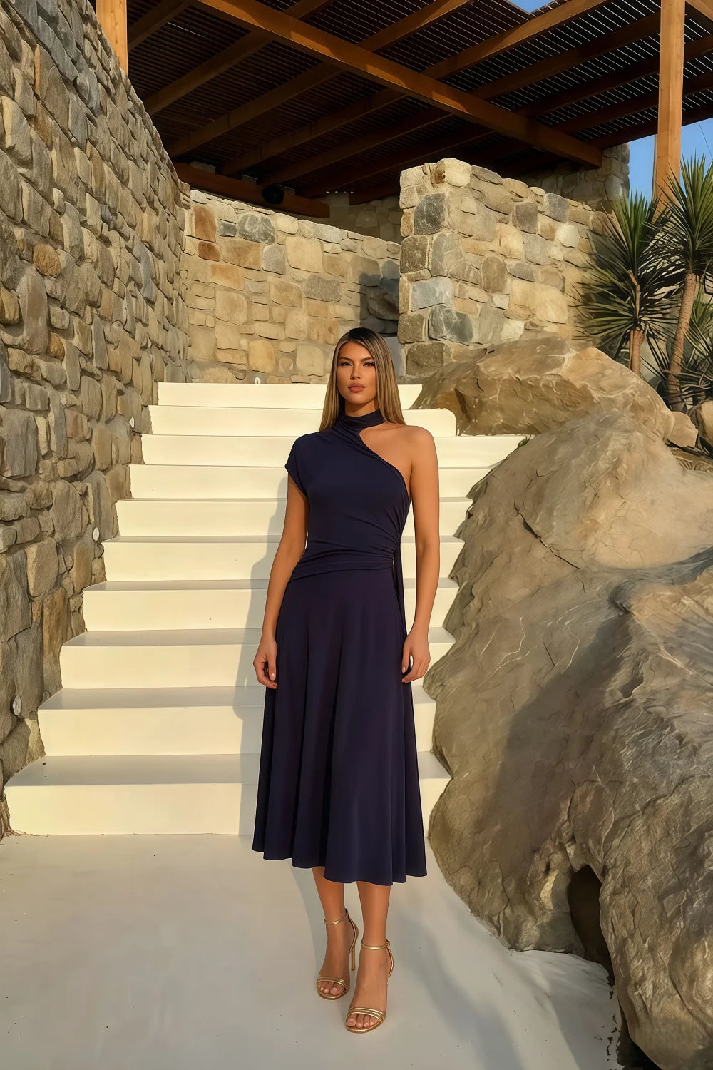 Ida Navy Blue Asymmetric Neck Midi Dress with Scarf Detail