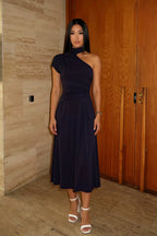 Ida Navy Blue Asymmetric Neck Midi Dress with Scarf Detail