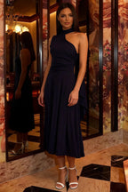 Ida Navy Blue Asymmetric Neck Midi Dress with Scarf Detail