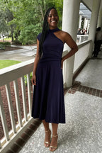 Ida Navy Blue Asymmetric Neck Midi Dress with Scarf Detail