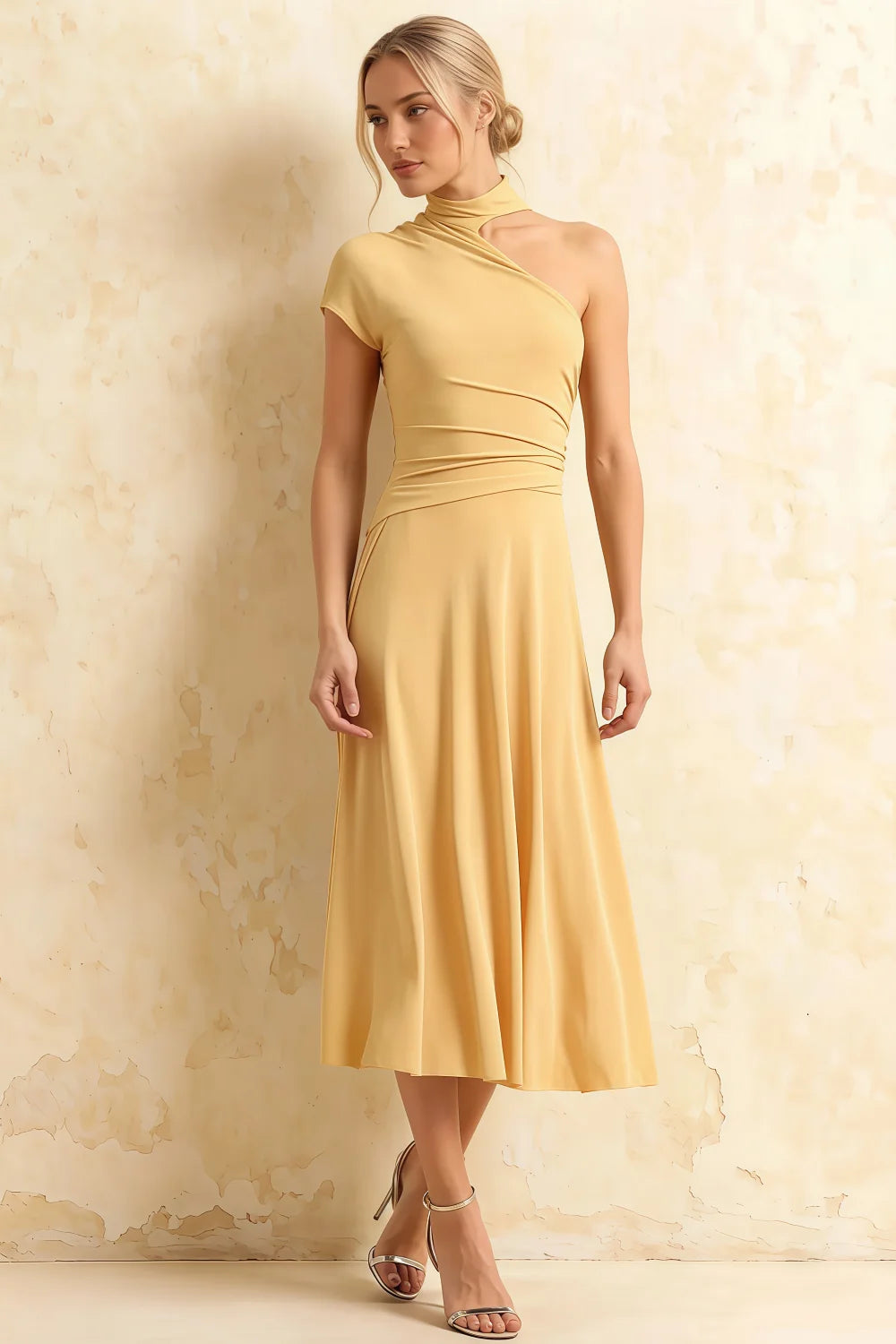 Ida Pastel Yellow Asymmetric Neck Midi Dress with Scarf Detail Main image