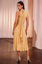 Ida Pastel Yellow Asymmetric Neck Midi Dress with Scarf Detail