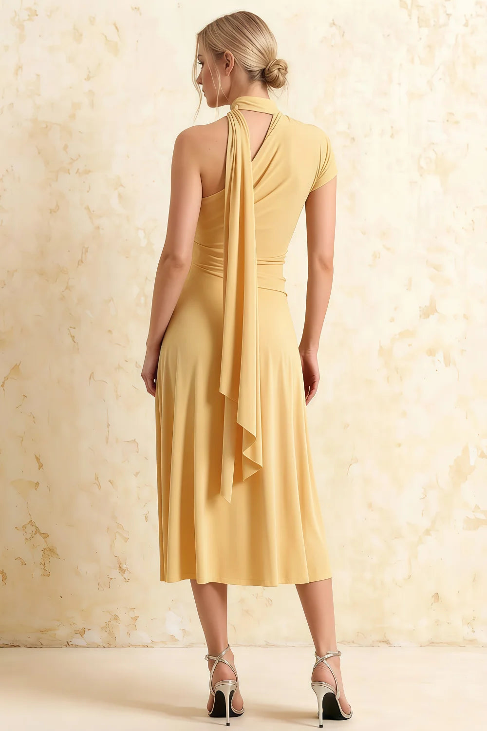 Ida Pastel Yellow Asymmetric Neck Midi Dress with Scarf Detail
