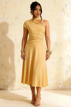 Ida Pastel Yellow Asymmetric Neck Midi Dress with Scarf Detail