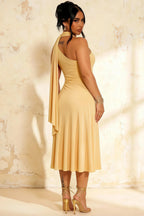 Ida Pastel Yellow Asymmetric Neck Midi Dress with Scarf Detail