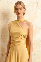 Ida Pastel Yellow Asymmetric Neck Midi Dress with Scarf Detail