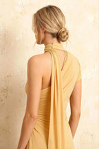 Ida Pastel Yellow Asymmetric Neck Midi Dress with Scarf Detail