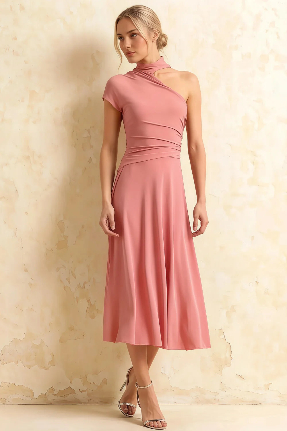 Ida Pink Asymmetric Neck Midi Dress with Scarf Detail Main image