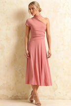 Ida Pink Asymmetric Neck Midi Dress with Scarf Detail
