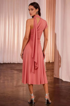 Ida Pink Asymmetric Neck Midi Dress with Scarf Detail