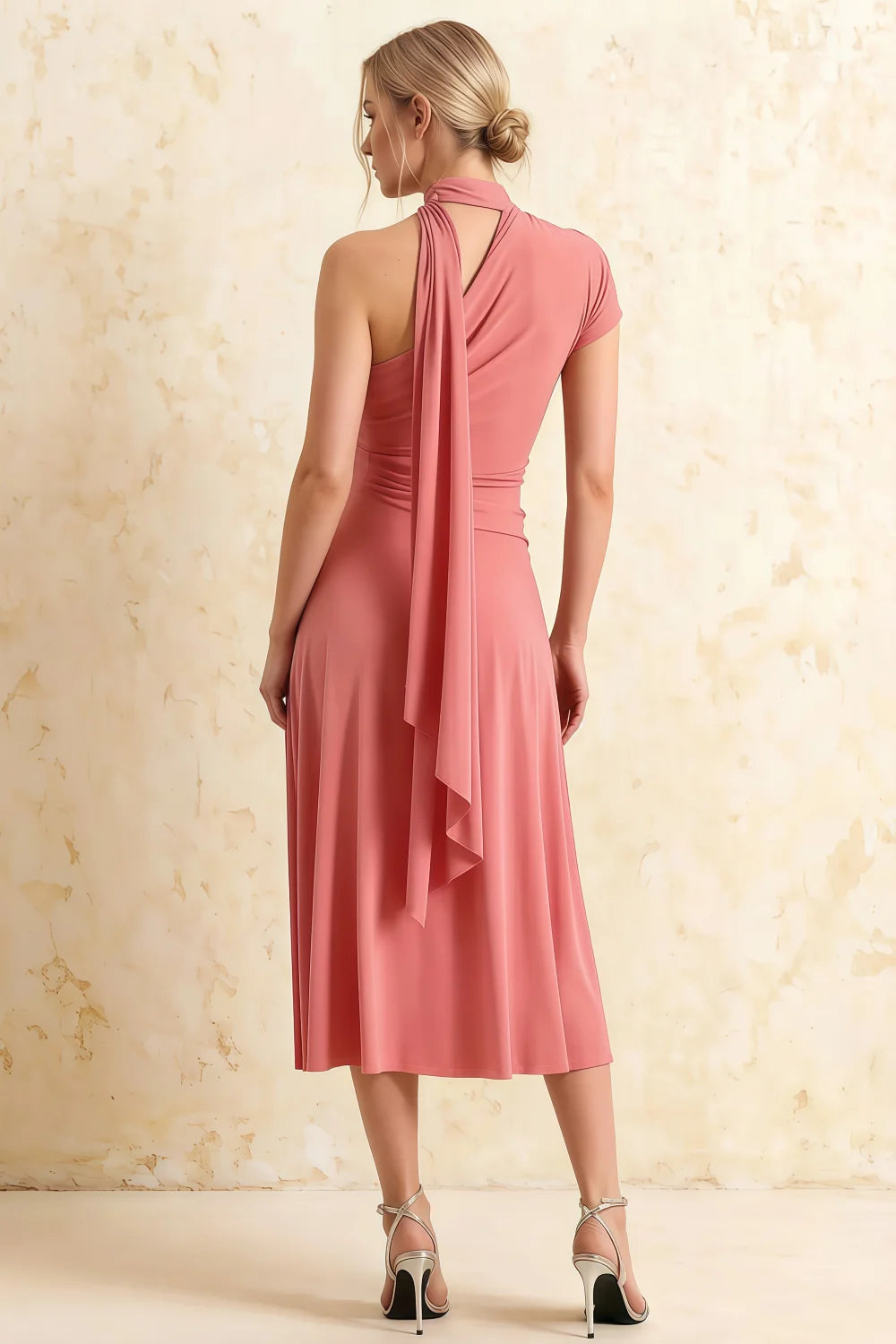 Ida Pink Asymmetric Neck Midi Dress with Scarf Detail