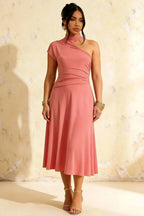 Ida Pink Asymmetric Neck Midi Dress with Scarf Detail