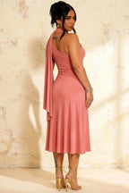 Ida Pink Asymmetric Neck Midi Dress with Scarf Detail