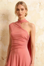 Ida Pink Asymmetric Neck Midi Dress with Scarf Detail